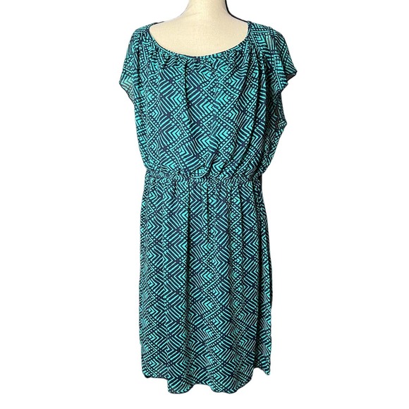Enfocus Women's Dress Size 16W in Green and Blue Zigzag Print Short Sleeve - Picture 1 of 6